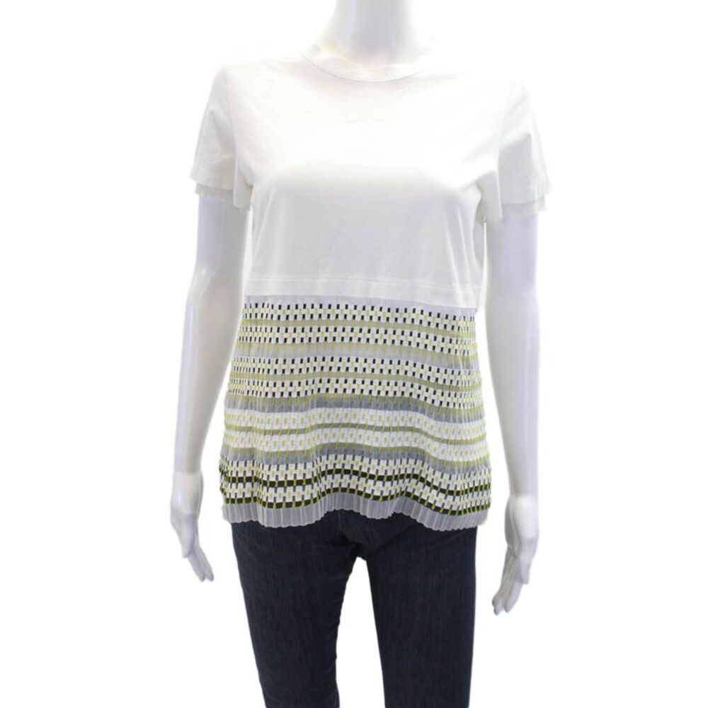 MRZ Womens Cotton Sheer Geometric Print Round Neck T-Shirt White Size L